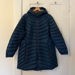 Women's Ultralight 850 Down Hooded Coat, Three-Quarter Length Mariner Blue